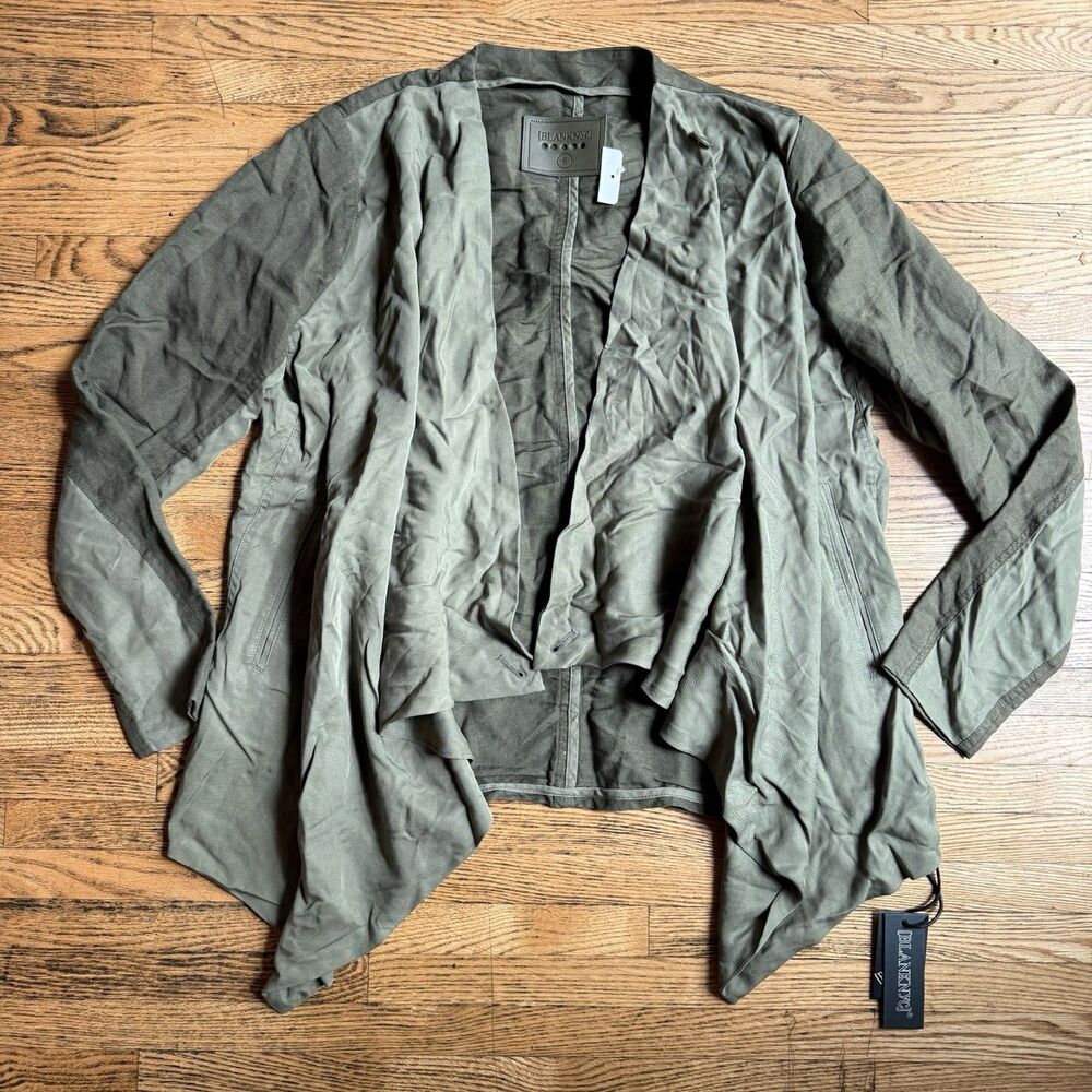 Blank NYC Drape Front Linen Blend Jacket Women's Size M Olive Green Edgy Utility